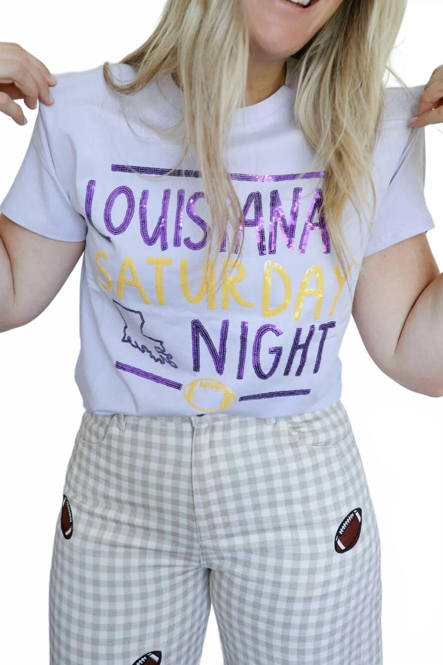 NEW BELLE CHER women's louisiana saturday night sequin game day tee in lavender